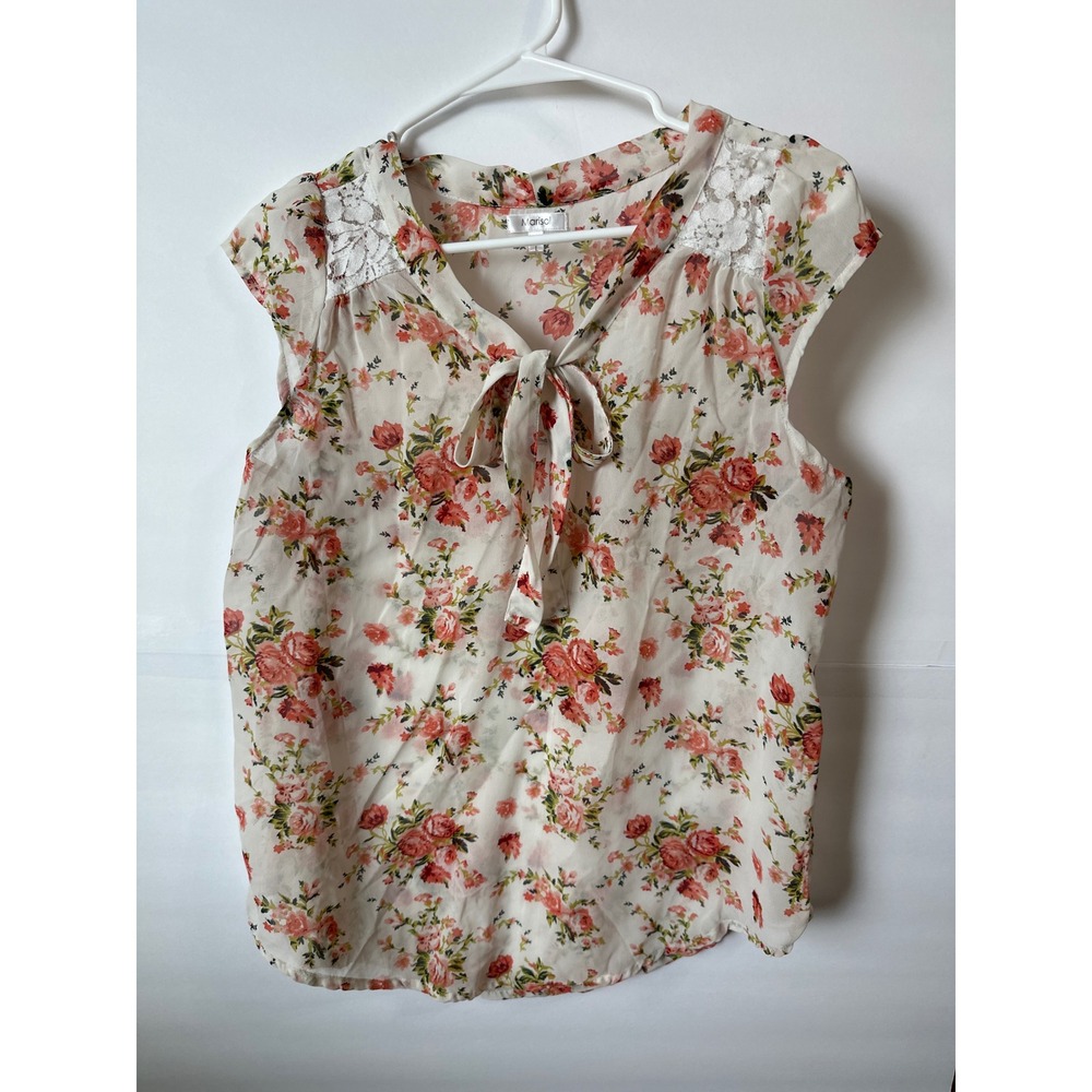 Marisol Women Floral Tie Neck Blouse Cream Pink Orange Lace Shoulder Top Large